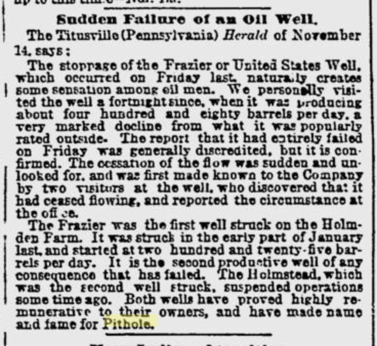 Today in 1865: Pithole’s Frazier Oil Well Fails