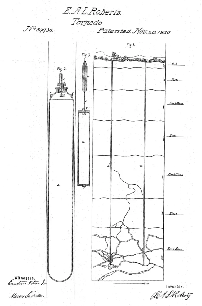 Patent drawing for E.A.L. Roberts’ oil well torpedo, patented in 1866, showing the design for using explosives to increase oil well production.