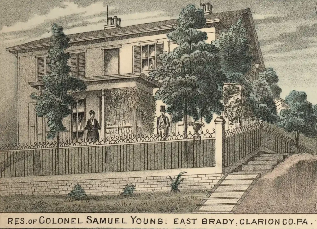 1877 illustration of Col. Samuel Young’s Colonial-style residence in East Brady, Clarion County, Pennsylvania.